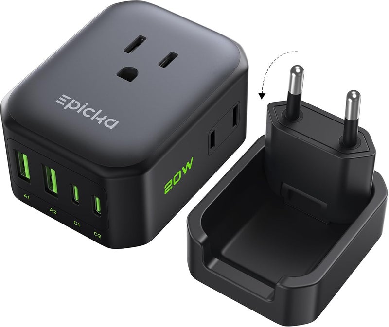 EPICKA Hybrid European Travel Plug Adapter, Foldable & Detachable Type C (EU) VisaPlug, 8-IN-1 International Power Adapter with 4 USB Ports (2 USB-C PD 20W) - Travel Essentials for US to Europe, Black - Image 1